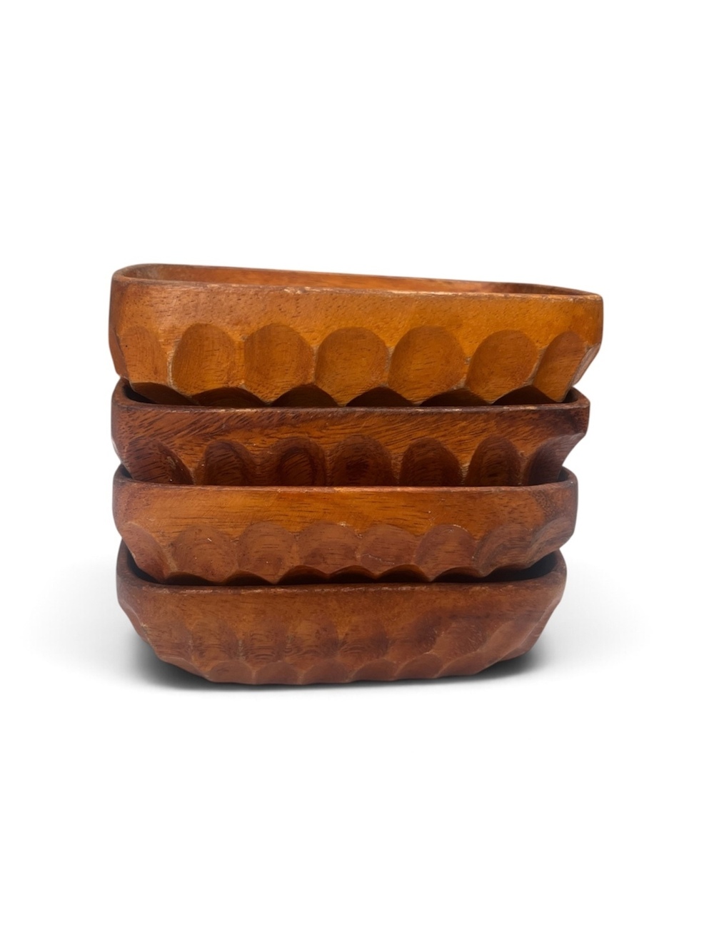 Set of 4 Vintage Hand Carved Wooden Snack Bowls  Stackable Mid Centur